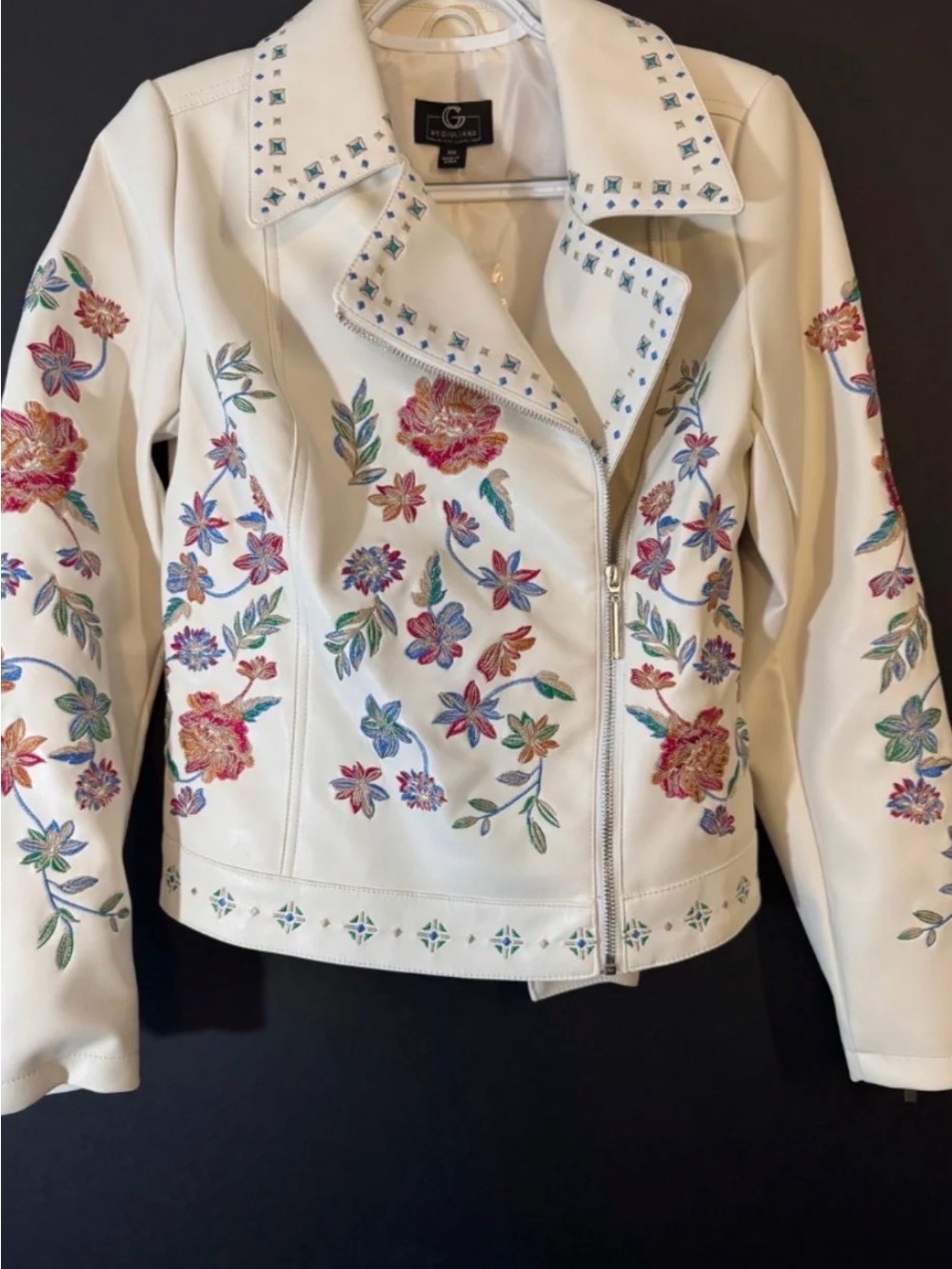 G BY GUILIANA Faux Leather Embroidered Floral Moto Jacket -NEW